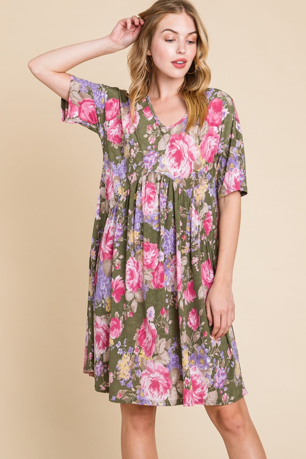 BOMBOM Flower Print V - Neck Ruched Dress - Admiresty