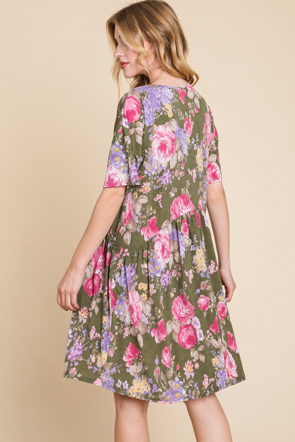 BOMBOM Flower Print V - Neck Ruched Dress - Admiresty