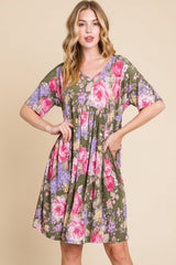 BOMBOM Flower Print V - Neck Ruched Dress - Admiresty