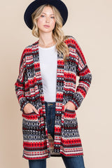 BOMBOM Geometric Open Front Long Sleeve Cardigan with Pockets - Admiresty