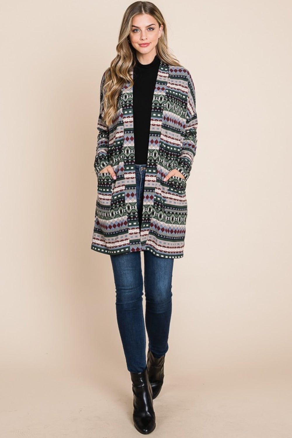 BOMBOM Geometric Open Front Long Sleeve Cardigan with Pockets - Admiresty