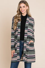 BOMBOM Geometric Open Front Long Sleeve Cardigan with Pockets - Admiresty