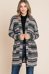 BOMBOM Geometric Open Front Long Sleeve Cardigan with Pockets - Admiresty