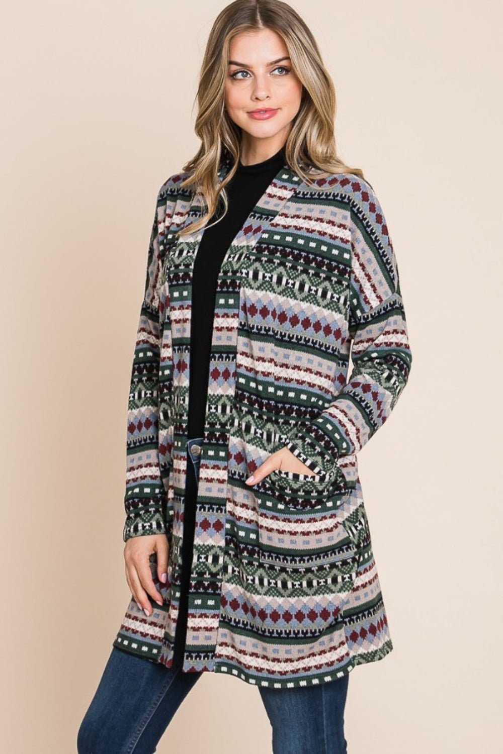 BOMBOM Geometric Open Front Long Sleeve Cardigan with Pockets - Admiresty