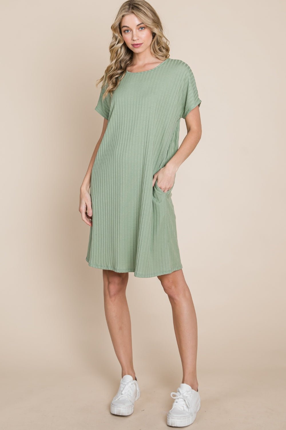 BOMBOM Ribbed Round Neck Short Sleeve Dress - Admiresty