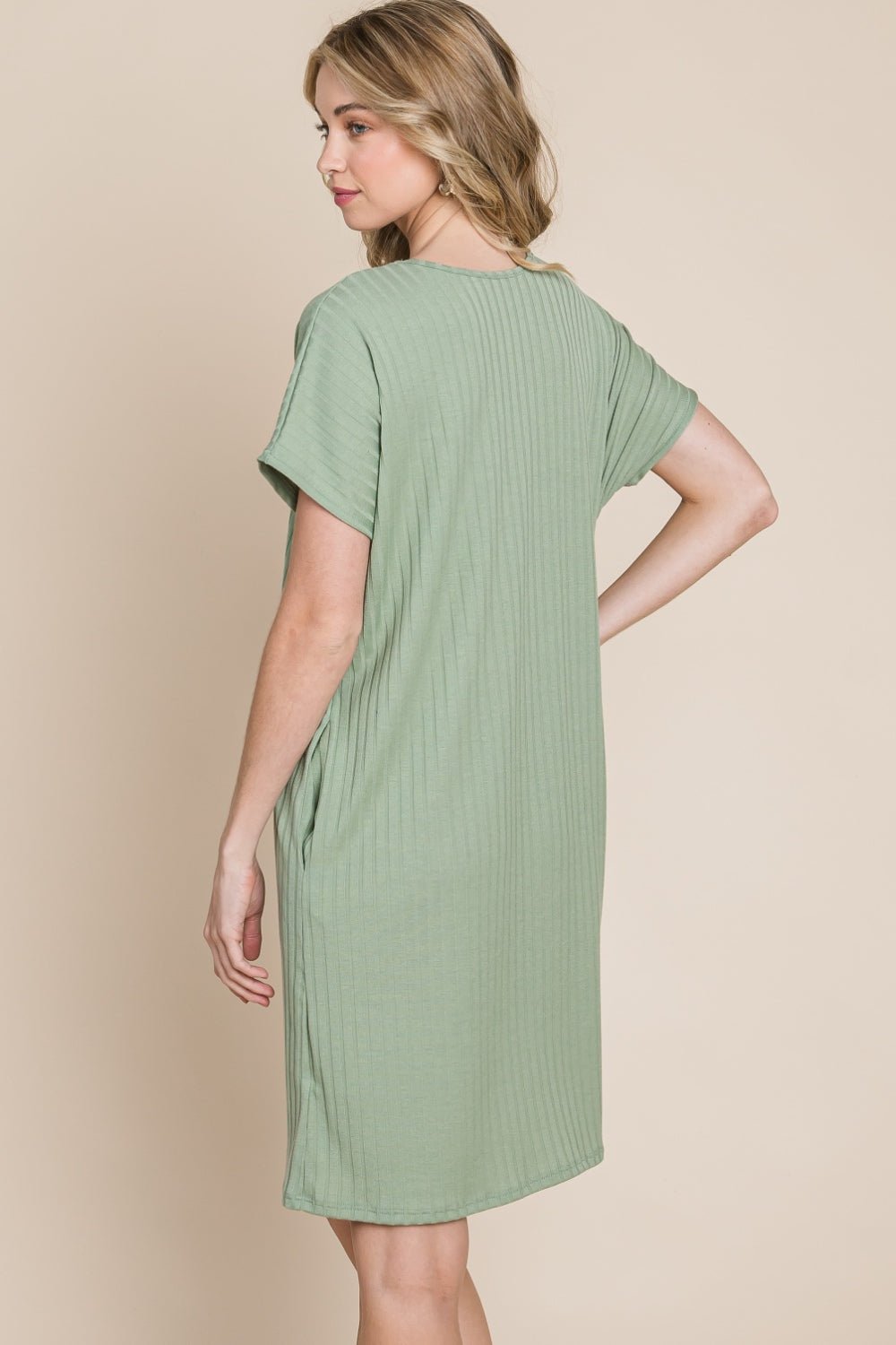 BOMBOM Ribbed Round Neck Short Sleeve Dress - Admiresty