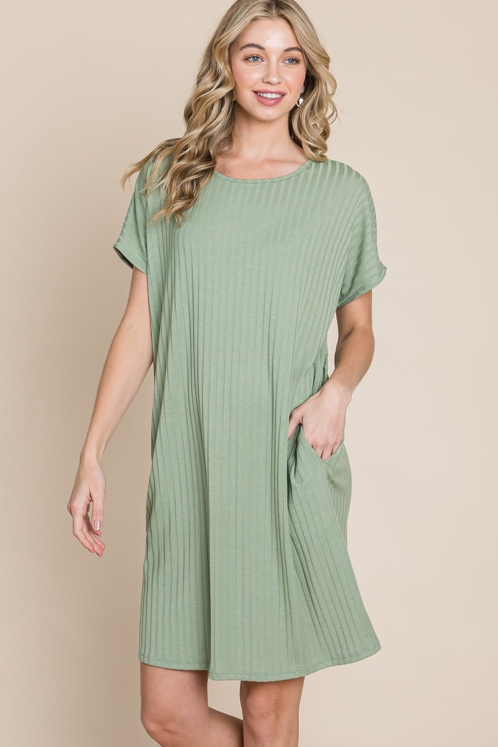 BOMBOM Ribbed Round Neck Short Sleeve Dress - Admiresty