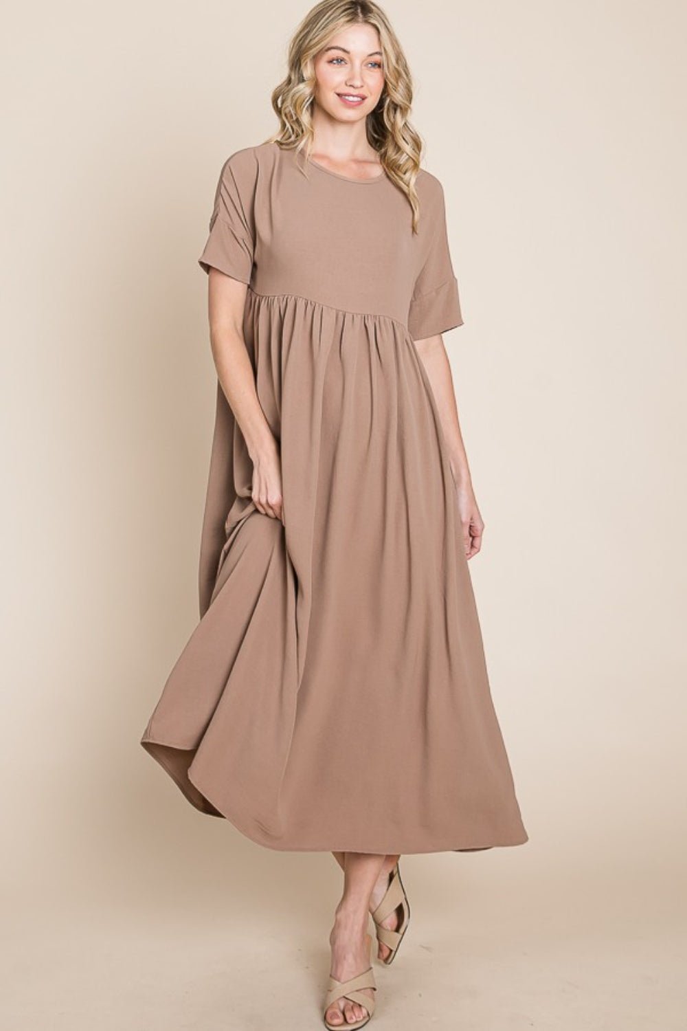 BOMBOM Round Neck Ruched Midi Dress - Admiresty