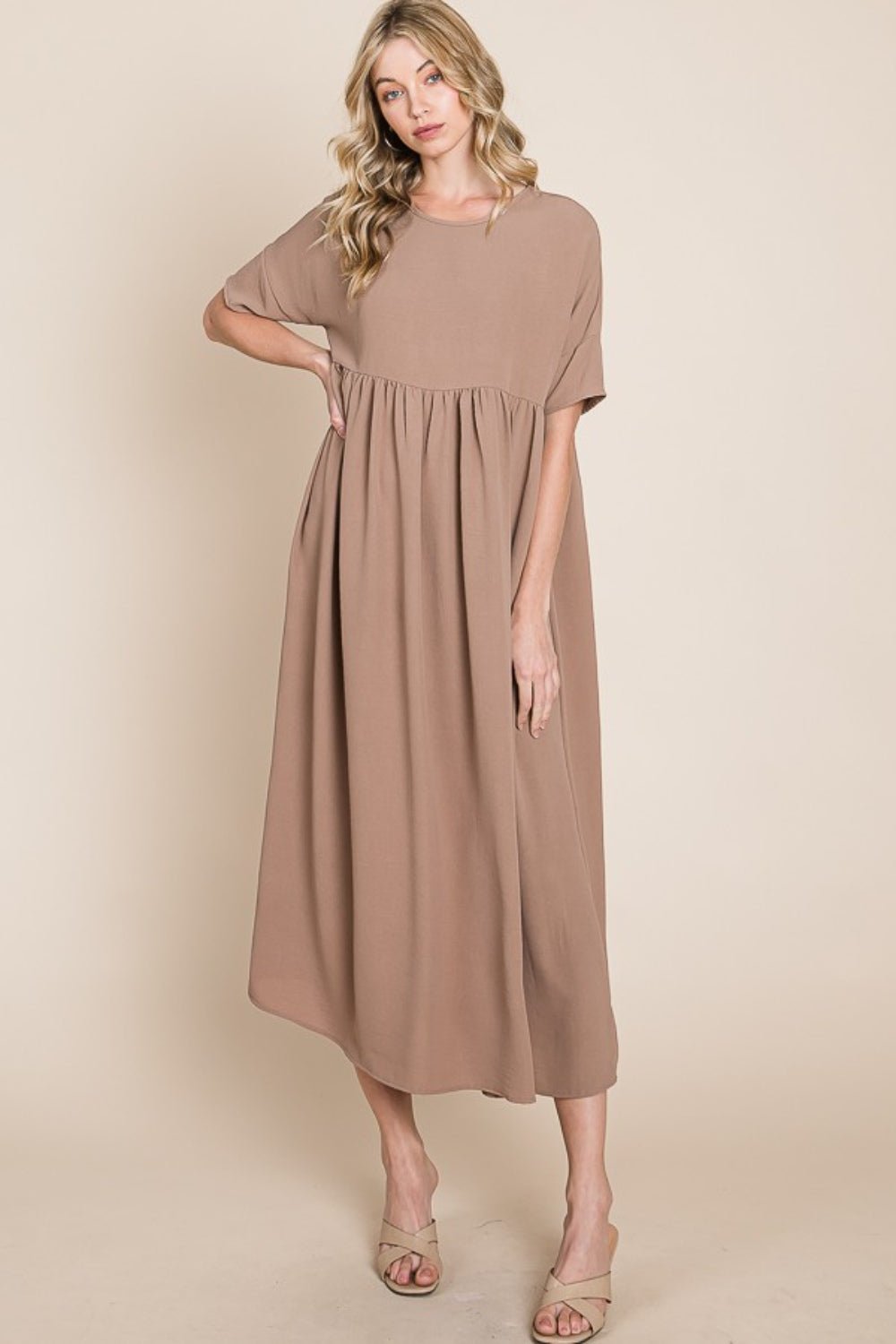 BOMBOM Round Neck Ruched Midi Dress - Admiresty