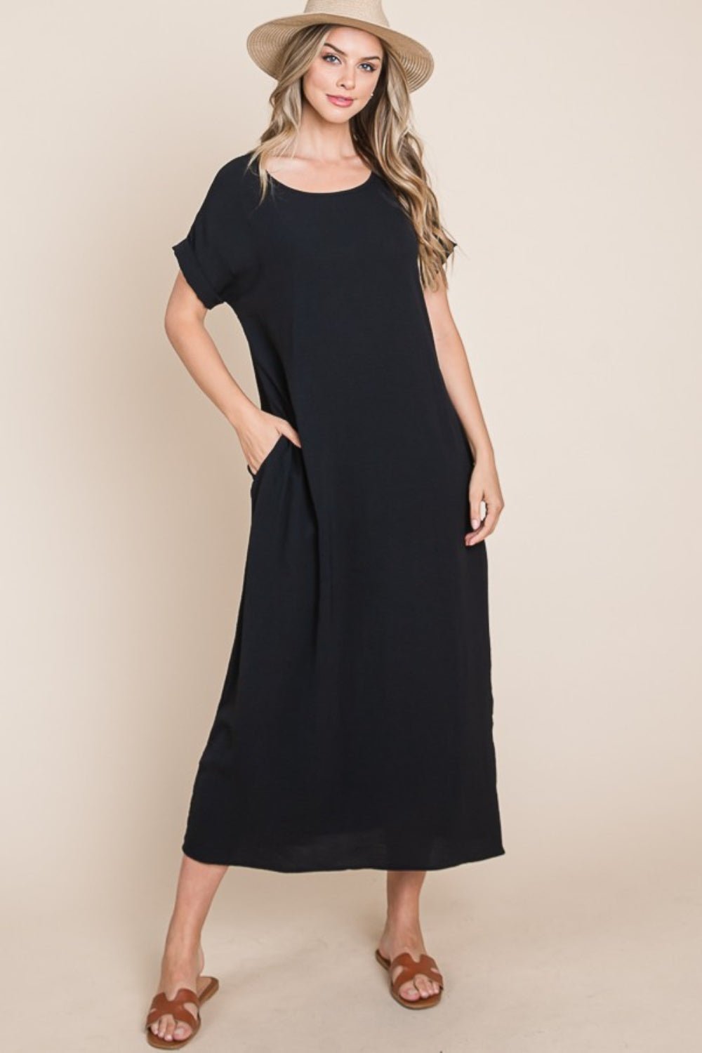 BOMBOM Round Neck Short Sleeve Midi Dress with Pockets - Admiresty