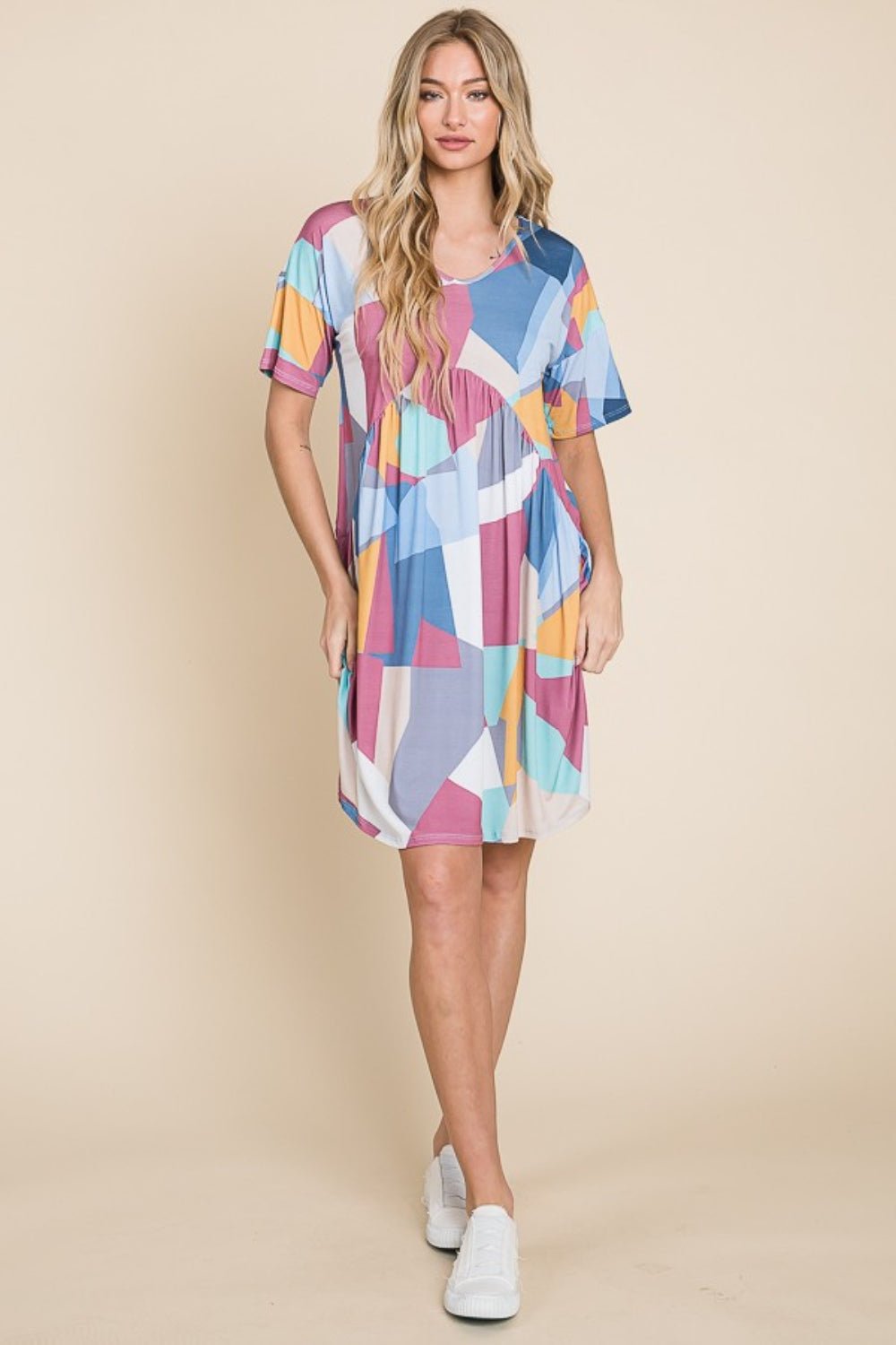 BOMBOM Ruched Color Block Short Sleeve Dress - Admiresty