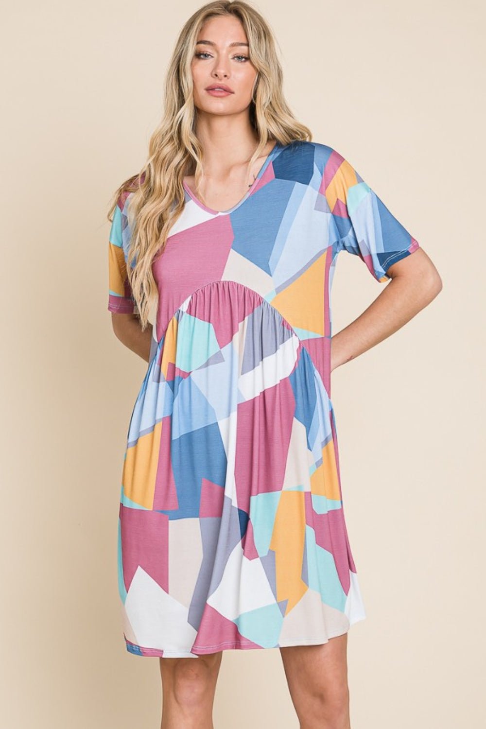 BOMBOM Ruched Color Block Short Sleeve Dress - Admiresty