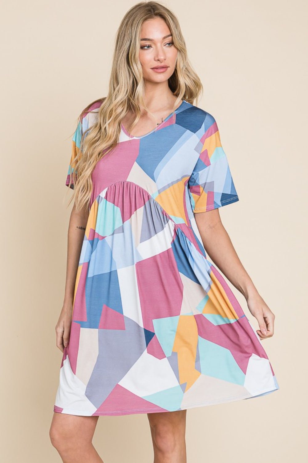 BOMBOM Ruched Color Block Short Sleeve Dress - Admiresty