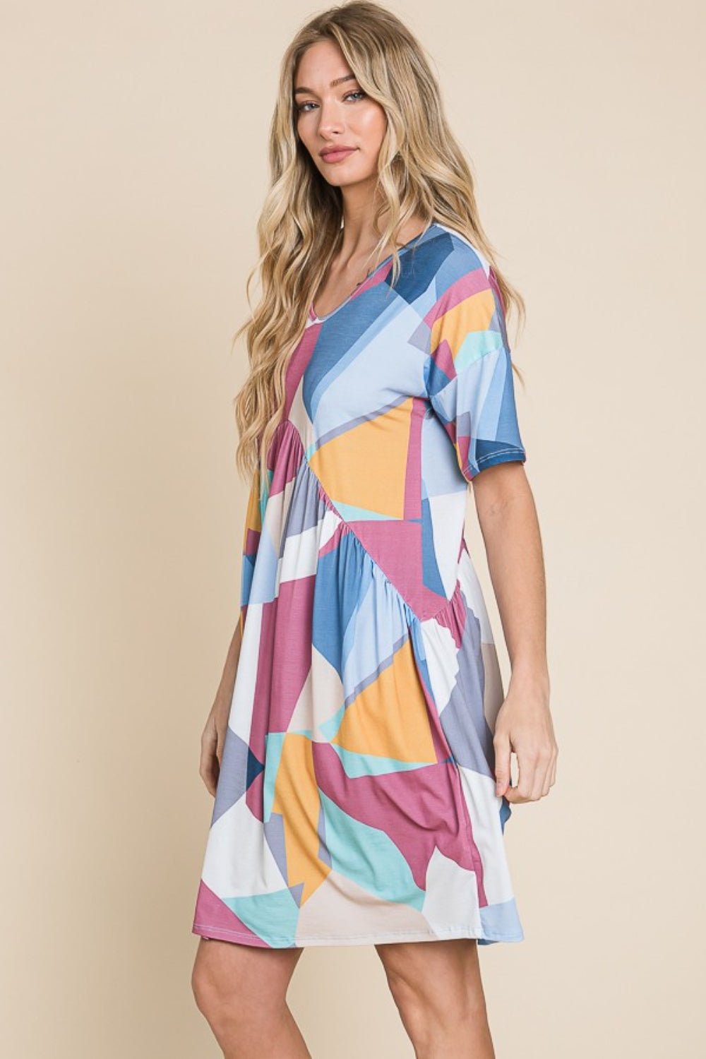 BOMBOM Ruched Color Block Short Sleeve Dress - Admiresty