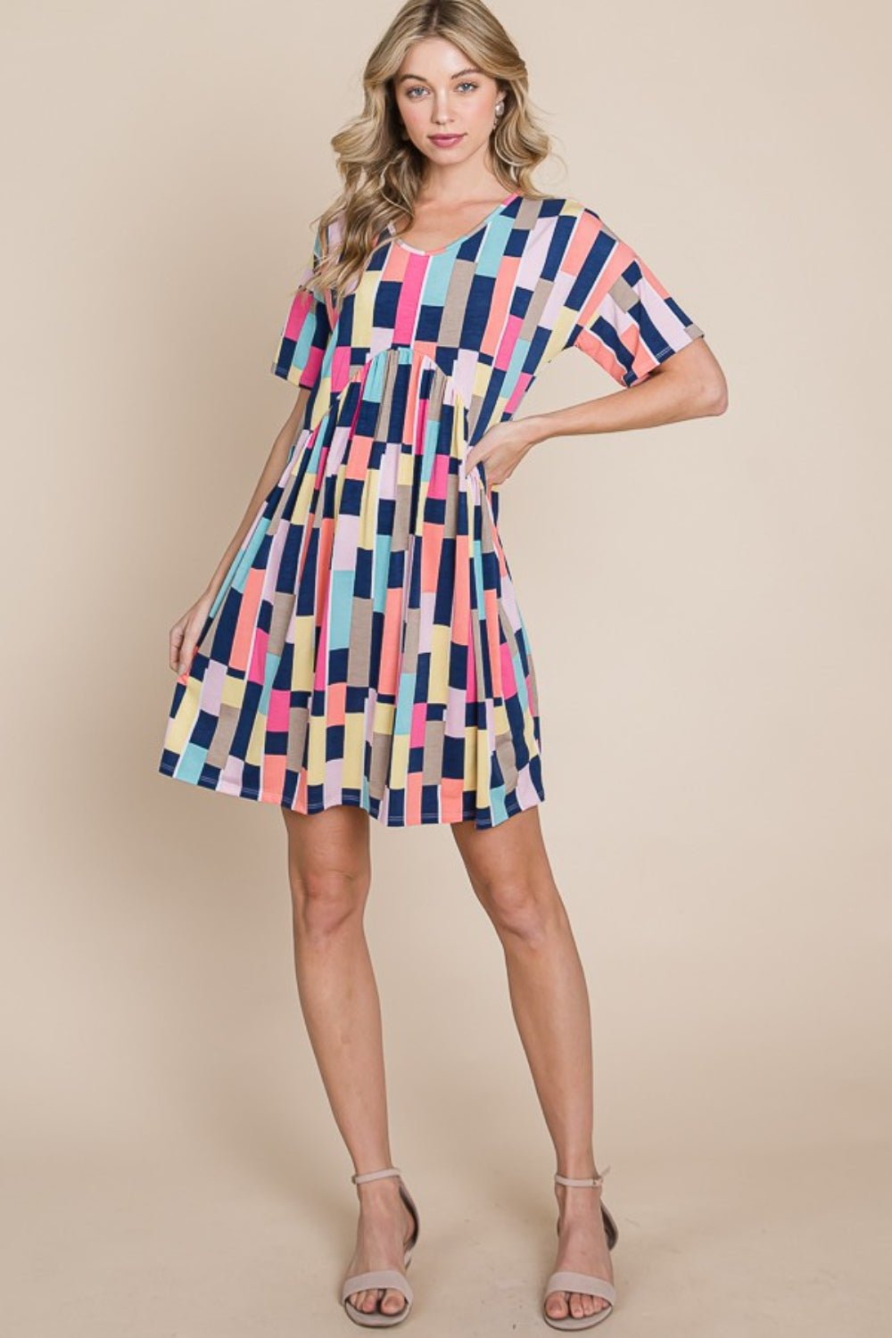 BOMBOM Ruched Color Block Short Sleeve Mini Dress - Admiresty