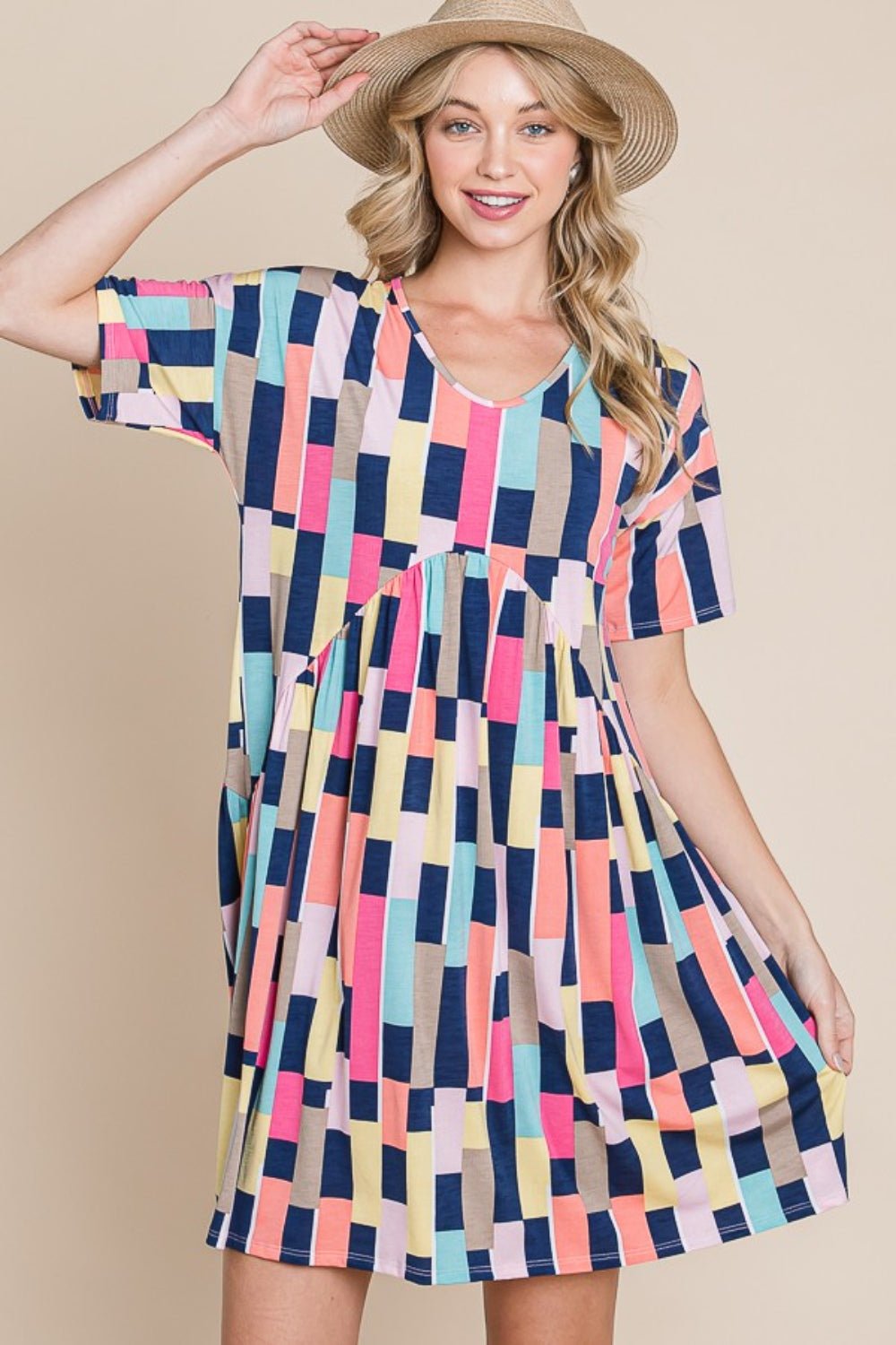 BOMBOM Ruched Color Block Short Sleeve Mini Dress - Admiresty