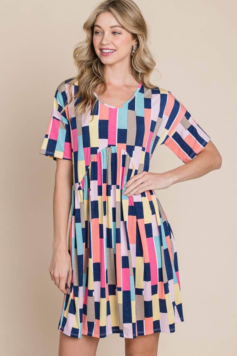 BOMBOM Ruched Color Block Short Sleeve Mini Dress - Admiresty