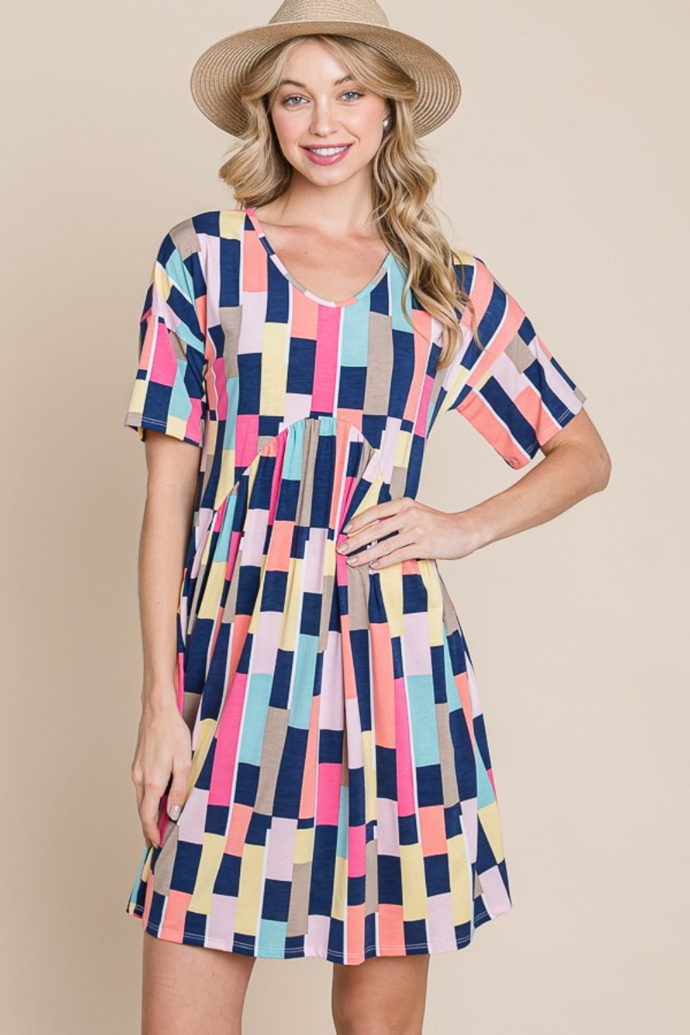 BOMBOM Ruched Color Block Short Sleeve Mini Dress - Admiresty