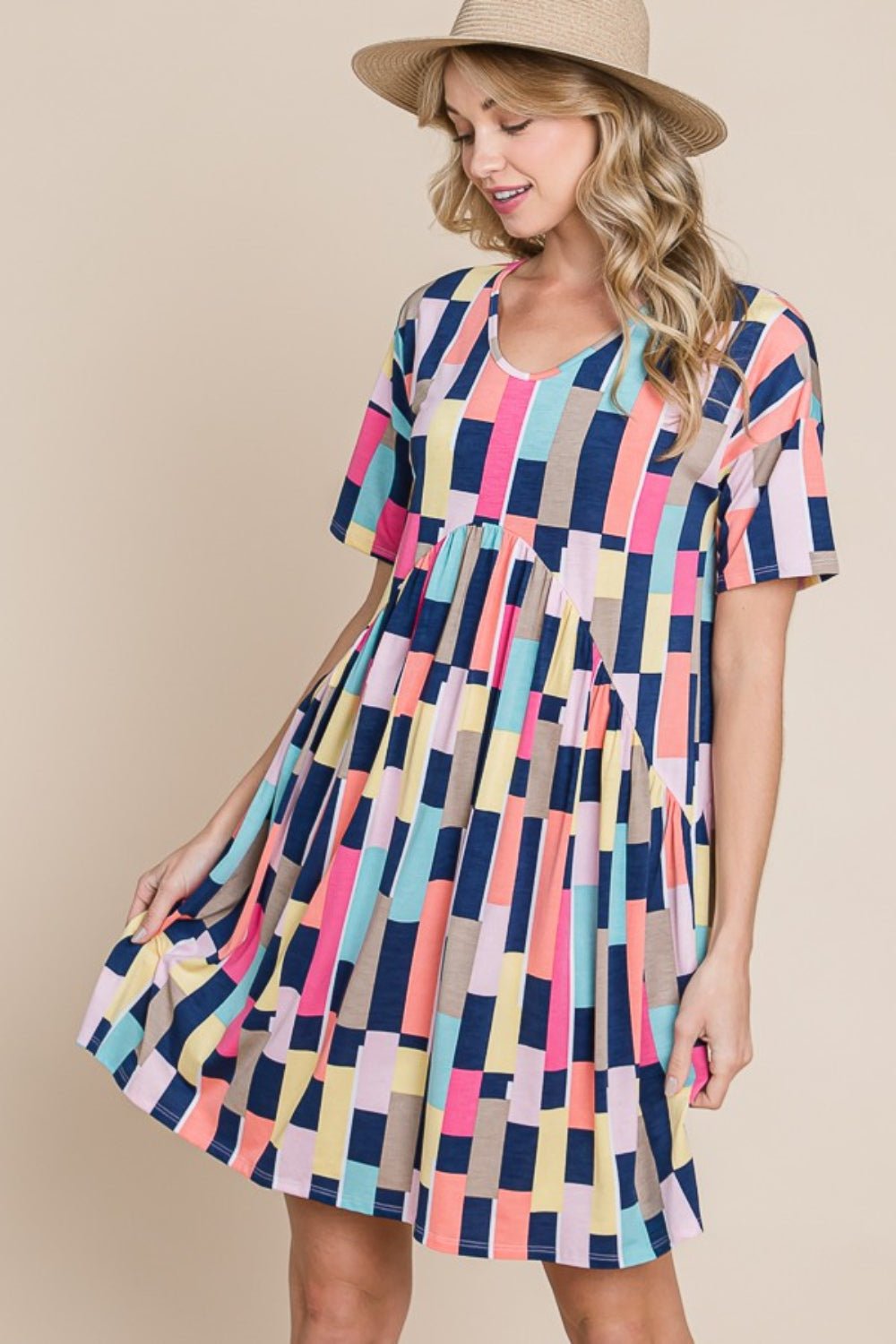 BOMBOM Ruched Color Block Short Sleeve Mini Dress - Admiresty