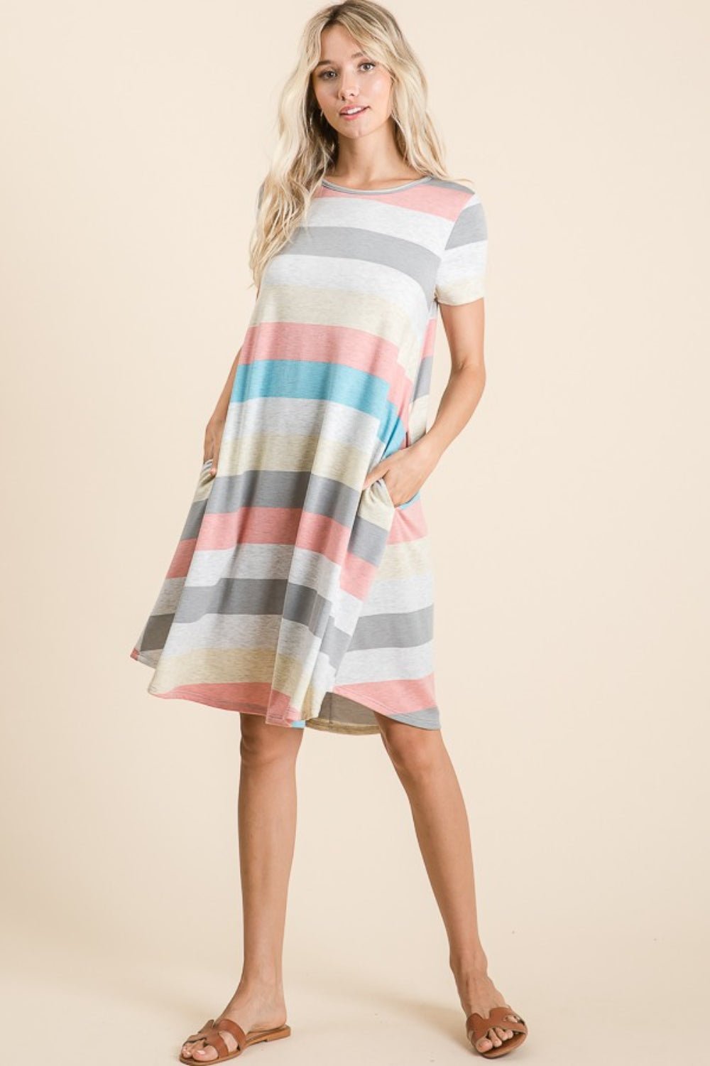 BOMBOM Striped Short Sleeve Dress with Pockets - Admiresty