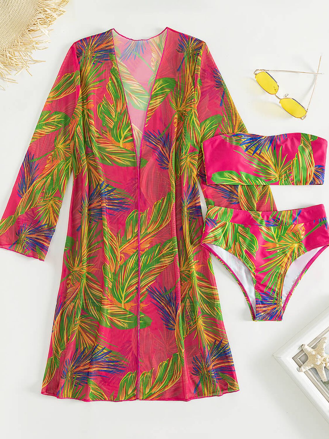 Botanical Print Tube Top, Swim Bottoms, and Cover Up Set - Admiresty