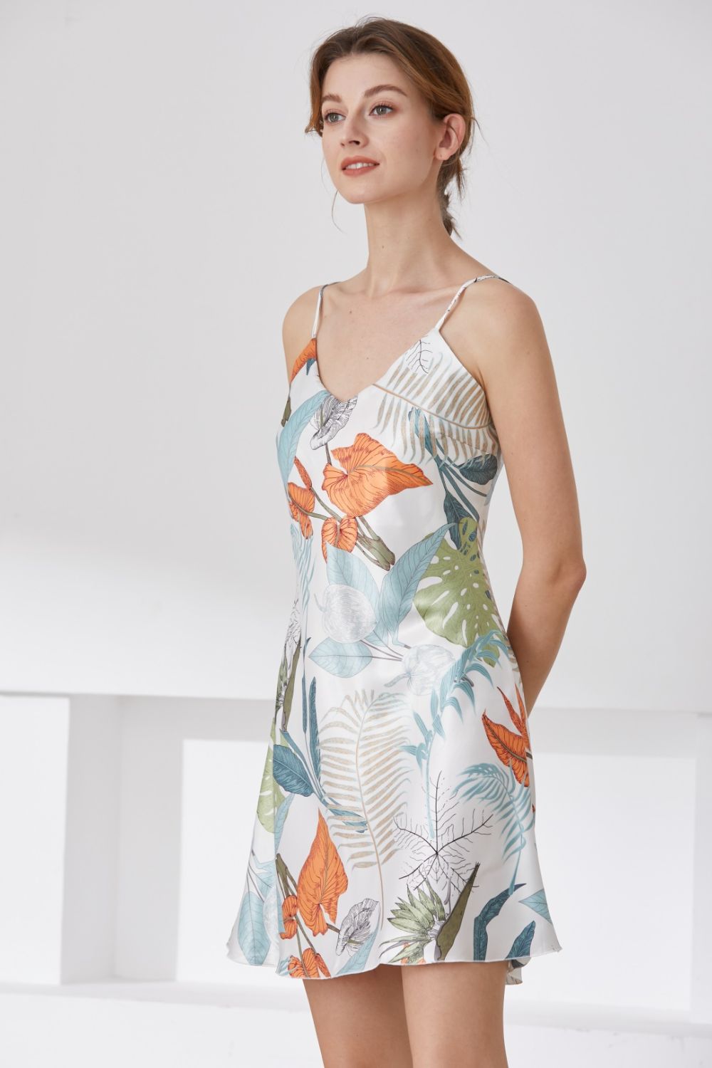 Botanical Print V - Neck Spaghetti Strap Night Dress - Admiresty