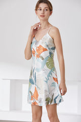 Botanical Print V - Neck Spaghetti Strap Night Dress - Admiresty