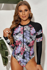 Botanical Print Zip Up Long Sleeve One - Piece Swimsuit - Admiresty