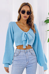 Bow V - Neck Long Sleeve Cropped Sweater - Admiresty