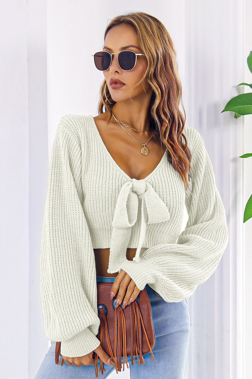 Bow V - Neck Long Sleeve Cropped Sweater - Admiresty