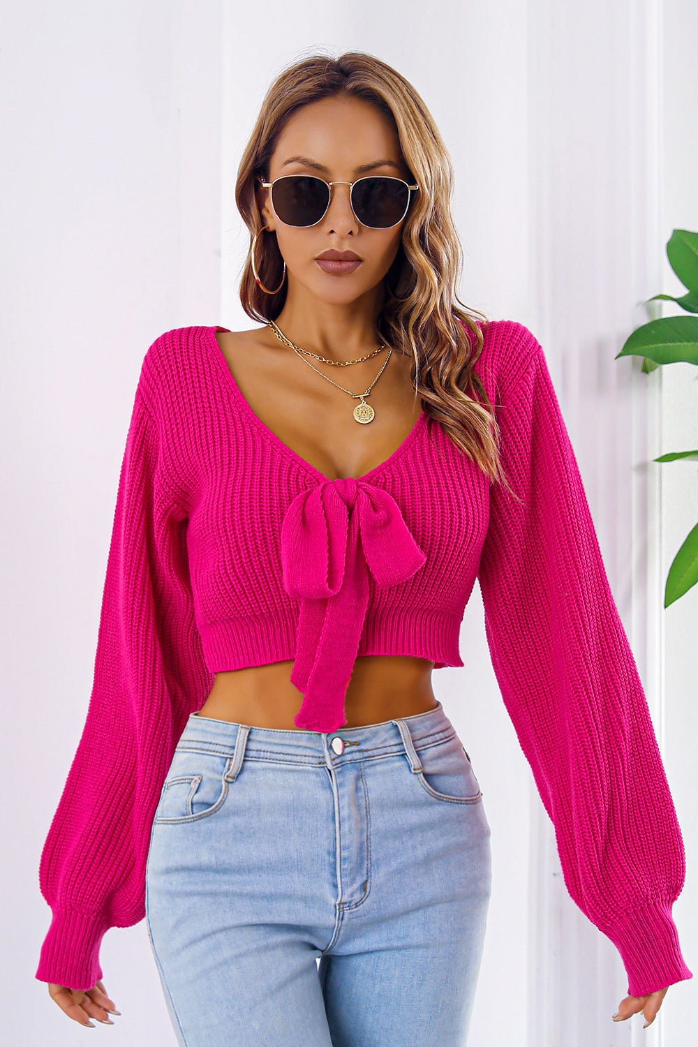 Bow V - Neck Long Sleeve Cropped Sweater - Admiresty