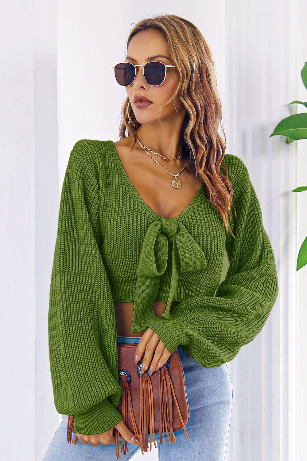 Bow V - Neck Long Sleeve Cropped Sweater - Admiresty