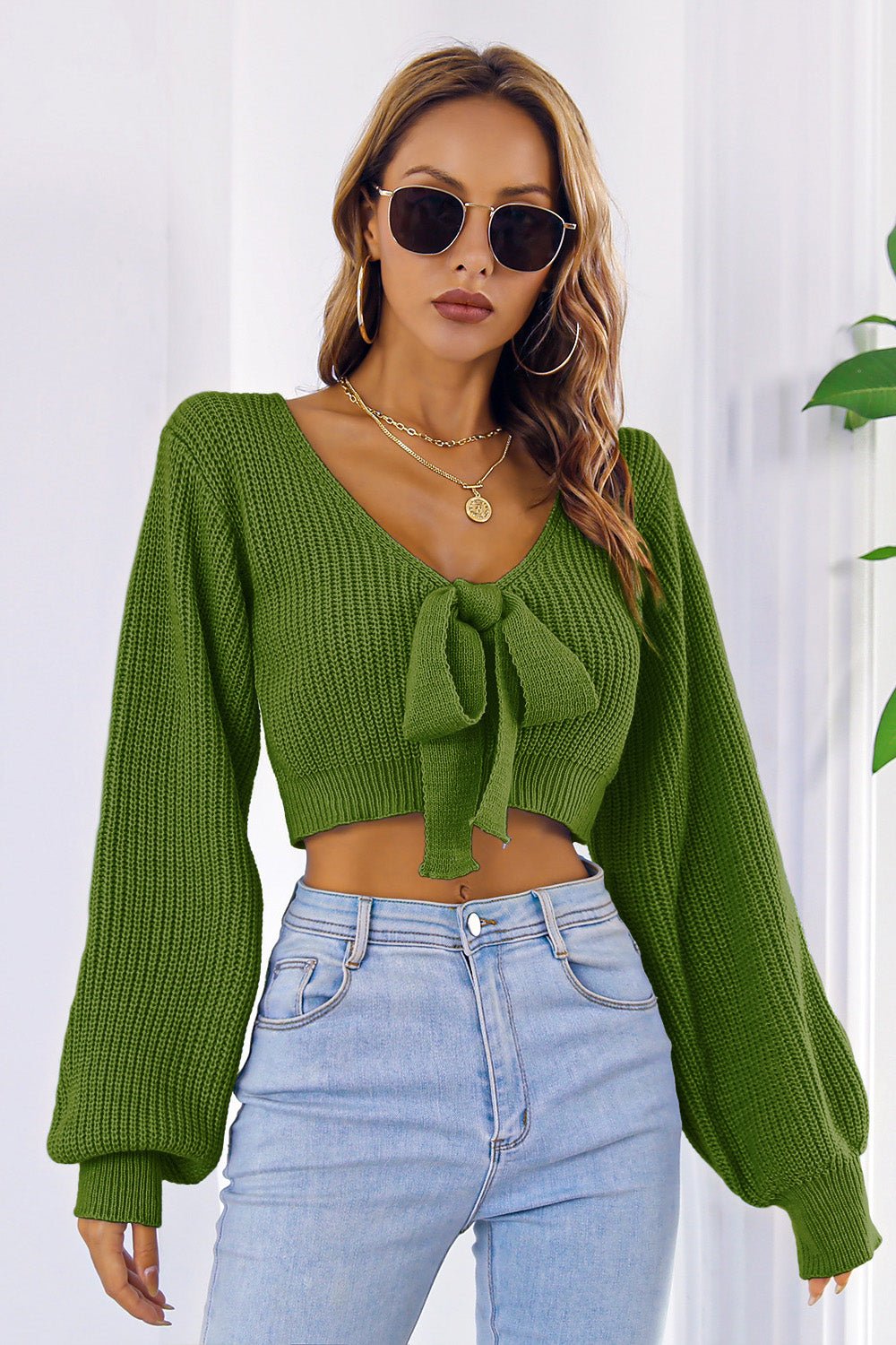 Bow V - Neck Long Sleeve Cropped Sweater - Admiresty