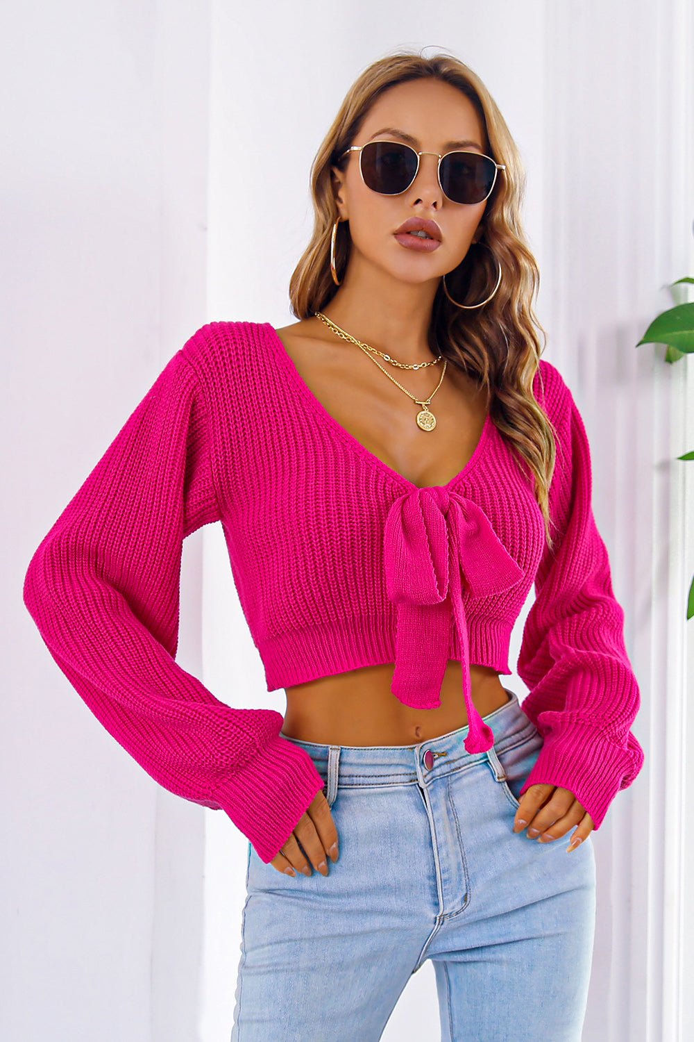 Bow V - Neck Long Sleeve Cropped Sweater - Admiresty