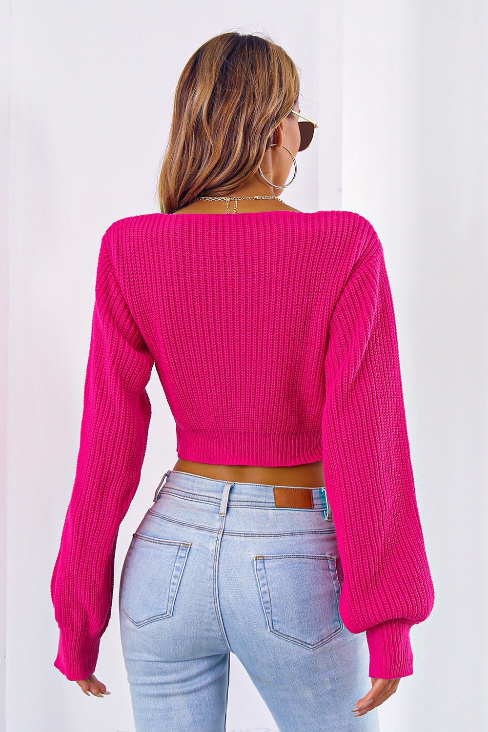 Bow V - Neck Long Sleeve Cropped Sweater - Admiresty