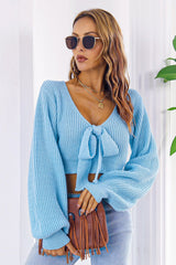 Bow V - Neck Long Sleeve Cropped Sweater - Admiresty