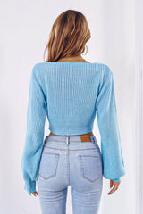 Bow V - Neck Long Sleeve Cropped Sweater - Admiresty