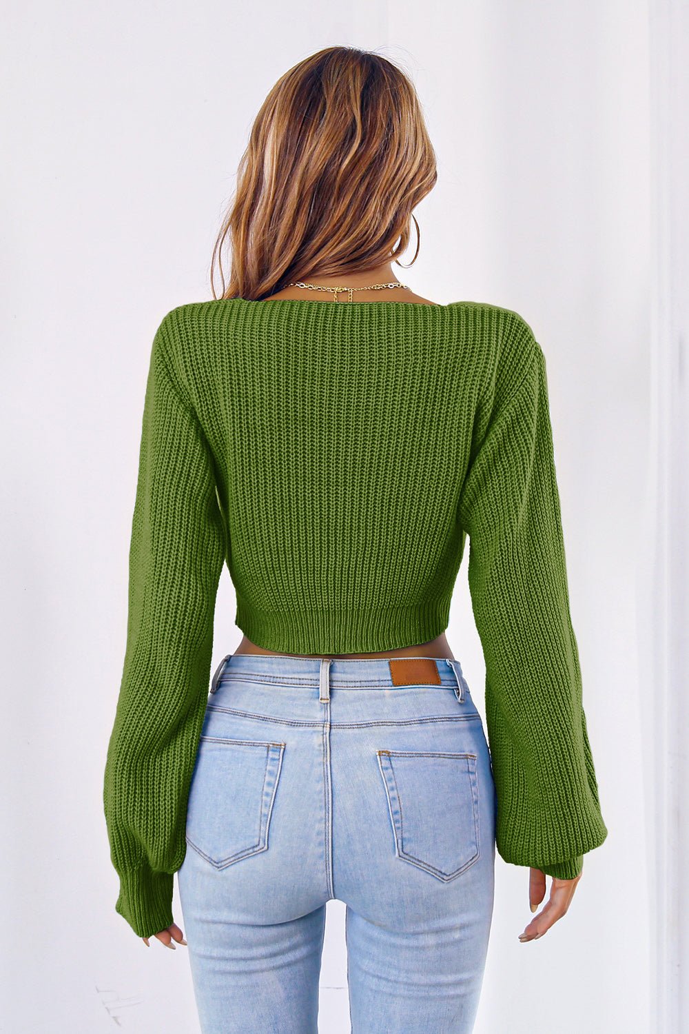 Bow V - Neck Long Sleeve Cropped Sweater - Admiresty