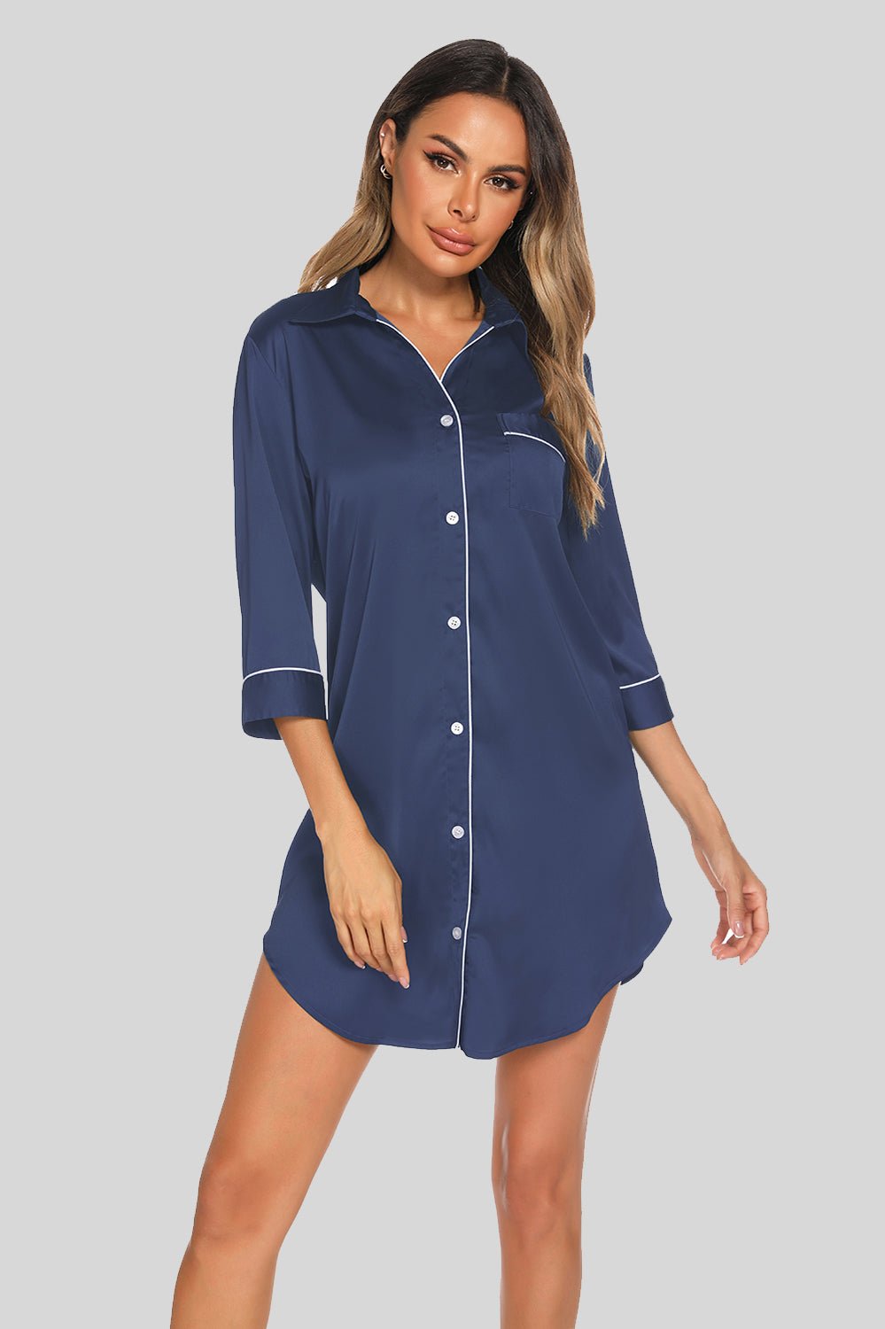 Button Up Collared Neck Night Dress with Pocket - Admiresty