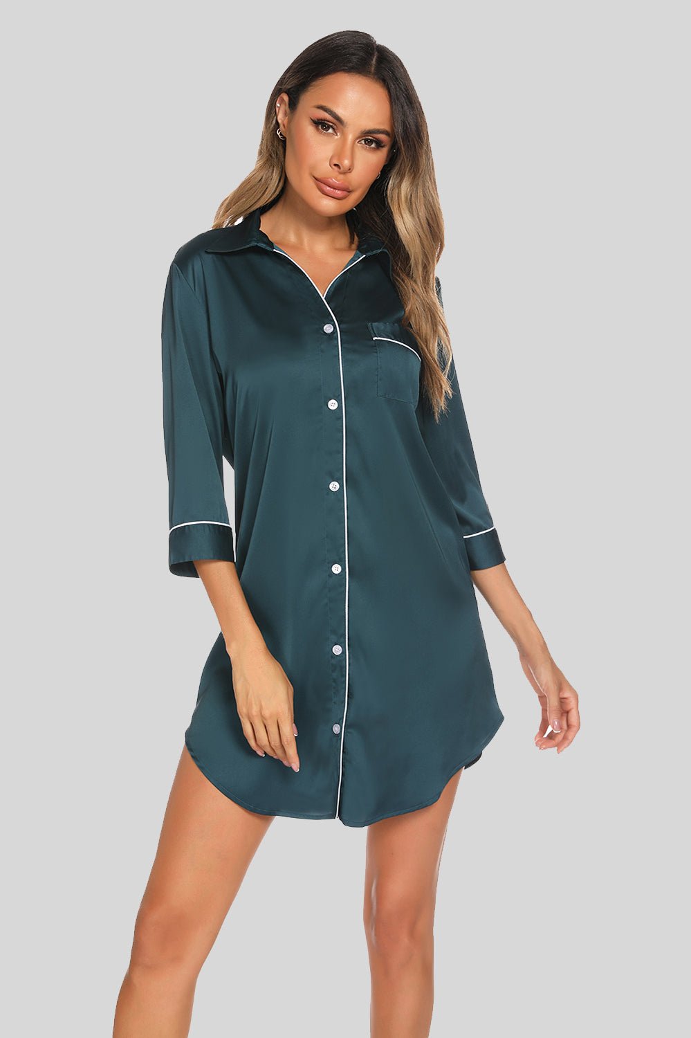 Button Up Collared Neck Night Dress with Pocket - Admiresty