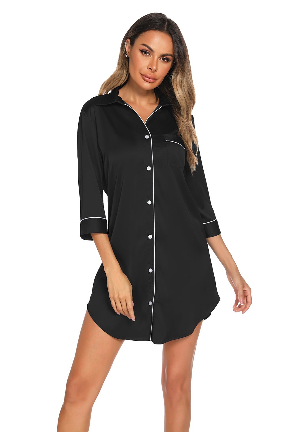 Button Up Collared Neck Night Dress with Pocket - Admiresty