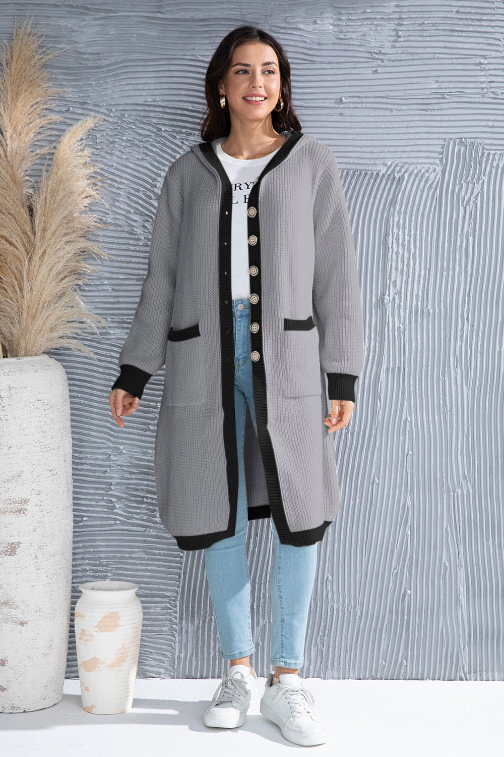 Button Up Contrast Trim Hooded Cardigan - Admiresty