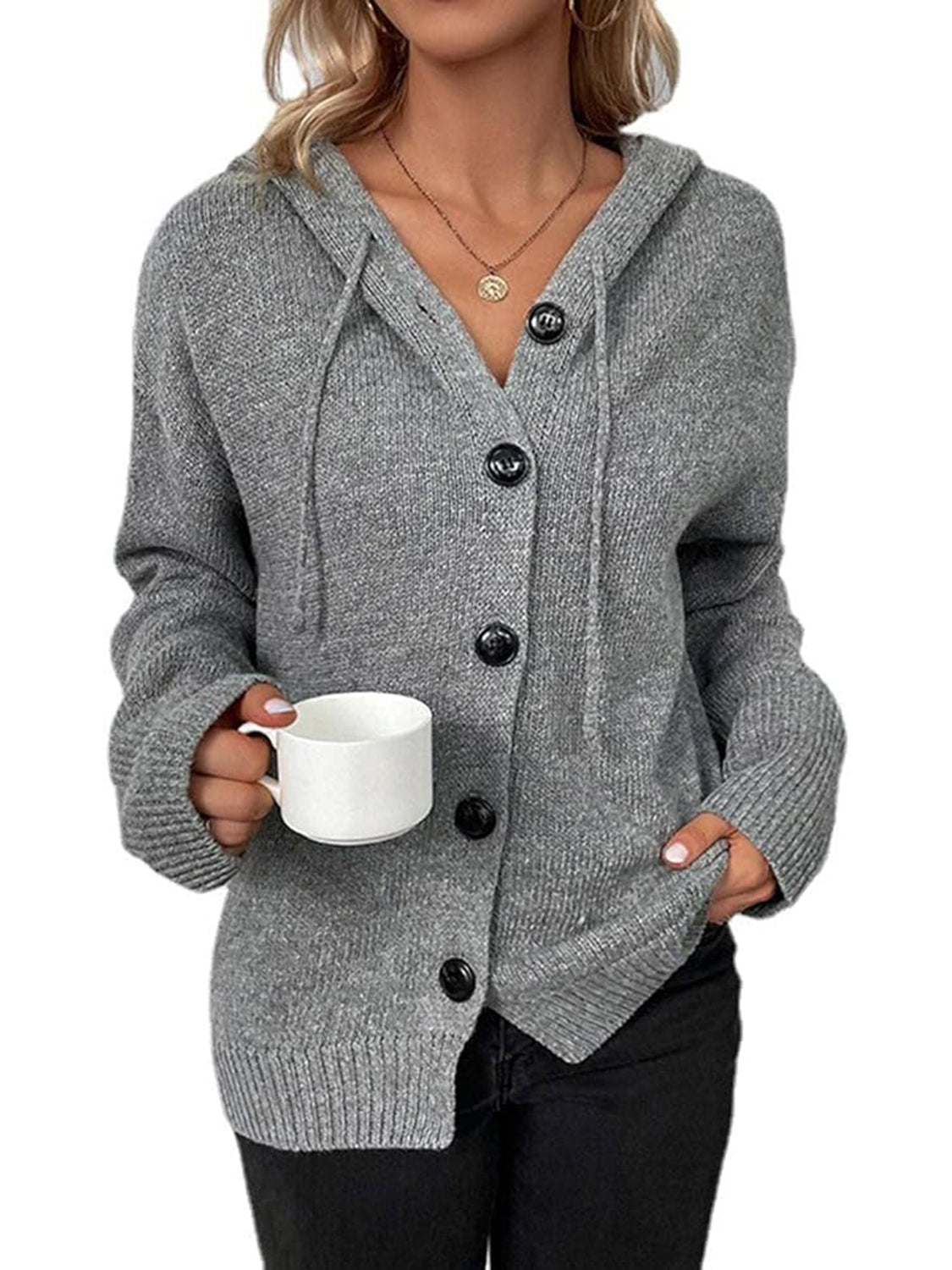 Button Up Drawstring Long Sleeve Hooded Cardigan - Admiresty