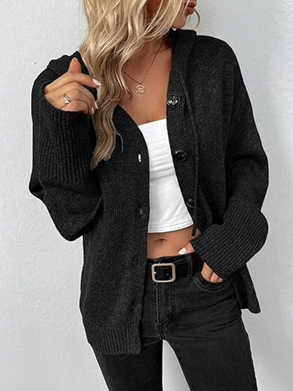 Button Up Drawstring Long Sleeve Hooded Cardigan - Admiresty