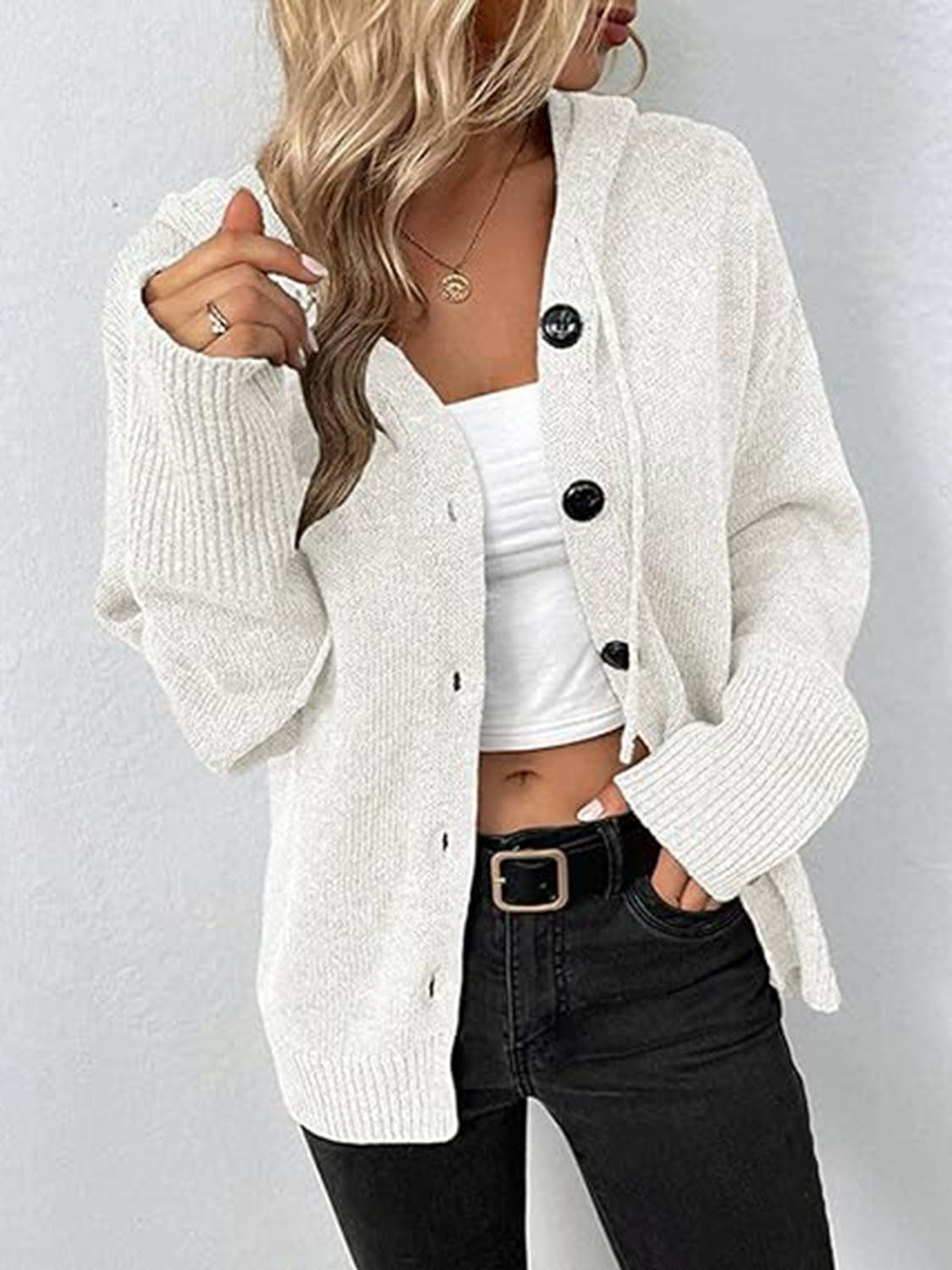 Button Up Drawstring Long Sleeve Hooded Cardigan - Admiresty