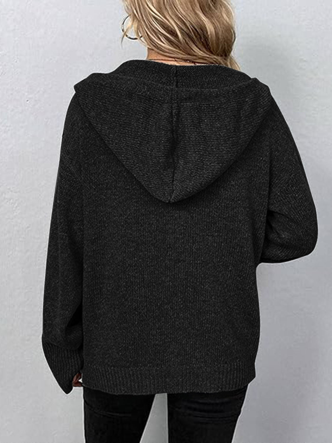 Button Up Drawstring Long Sleeve Hooded Cardigan - Admiresty