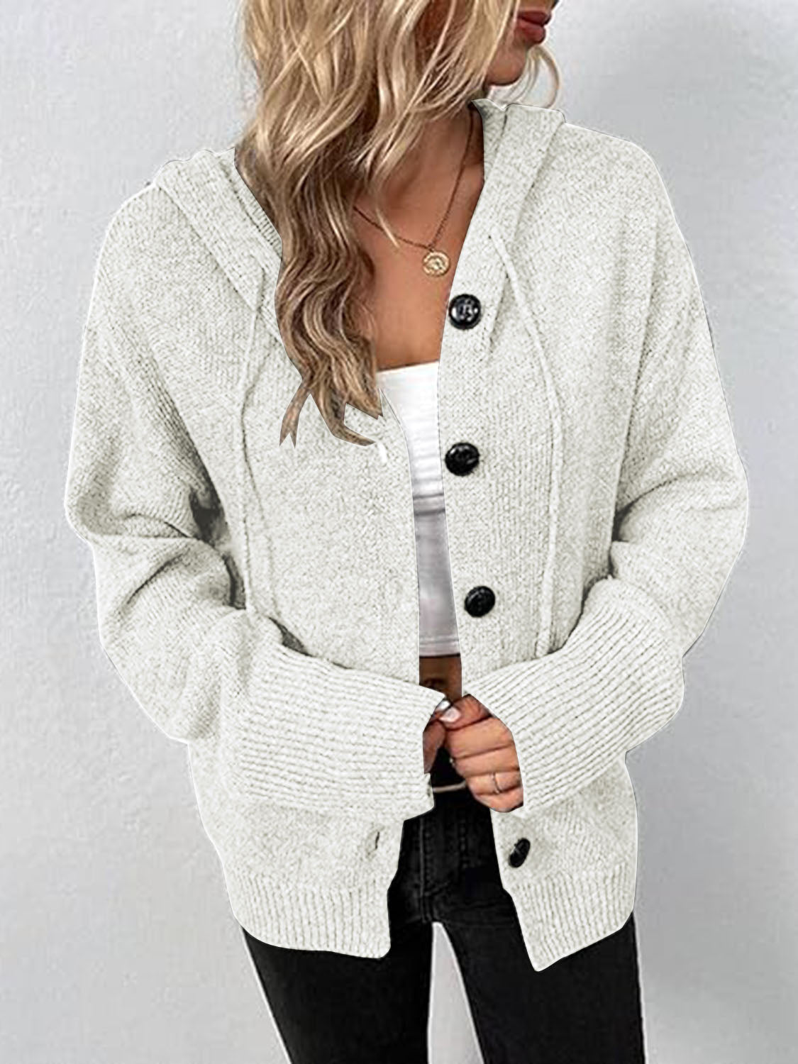 Button Up Drawstring Long Sleeve Hooded Cardigan - Admiresty