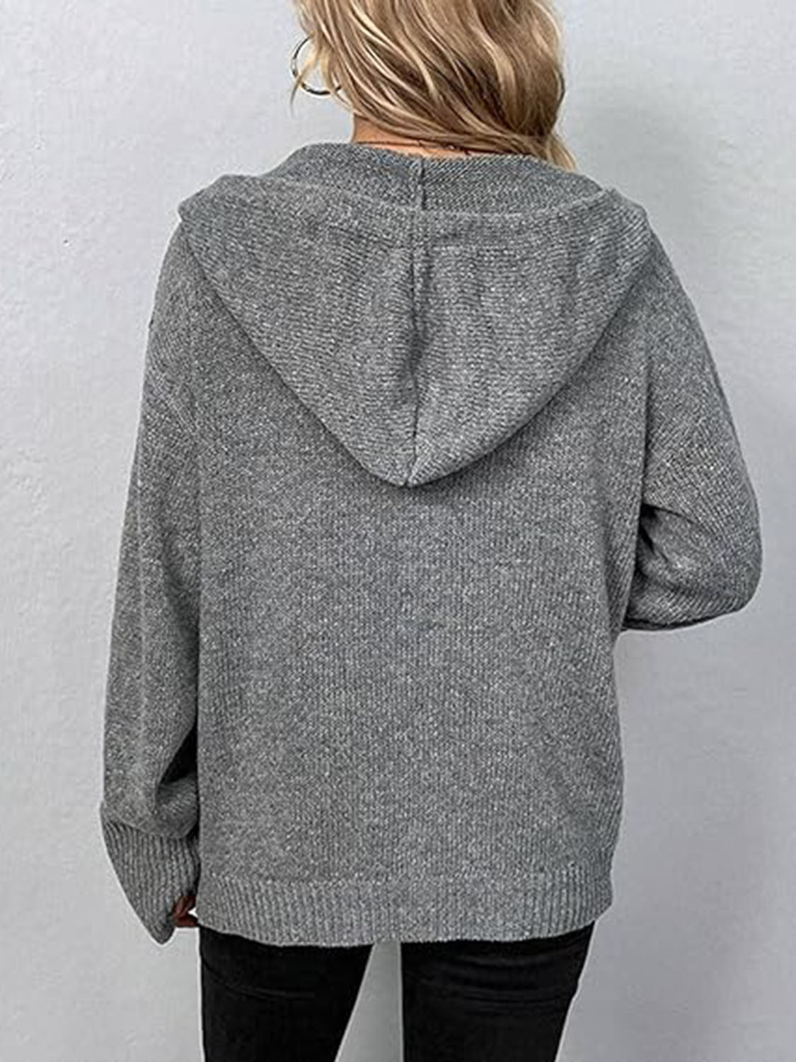 Button Up Drawstring Long Sleeve Hooded Cardigan - Admiresty