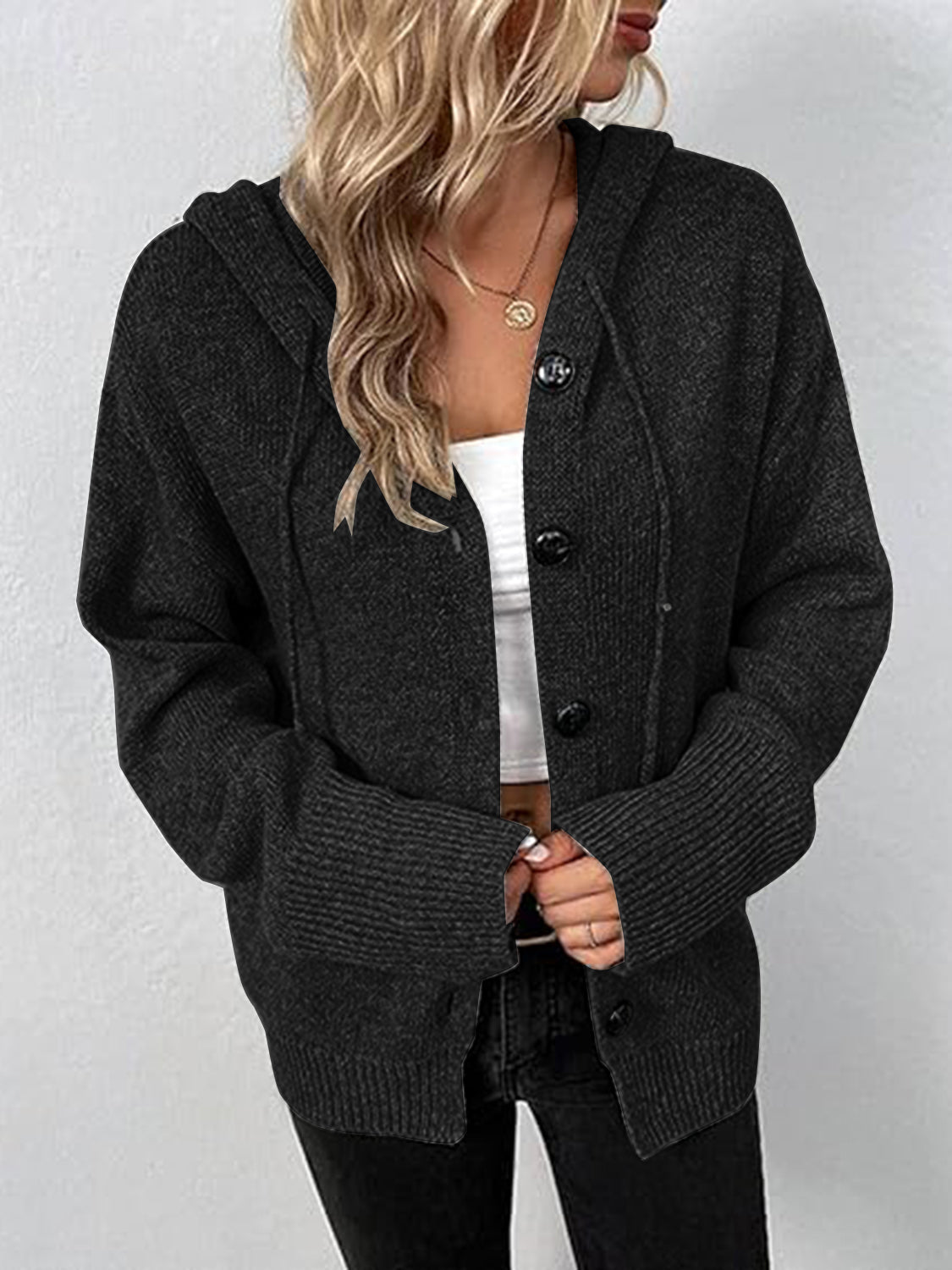 Button Up Drawstring Long Sleeve Hooded Cardigan - Admiresty