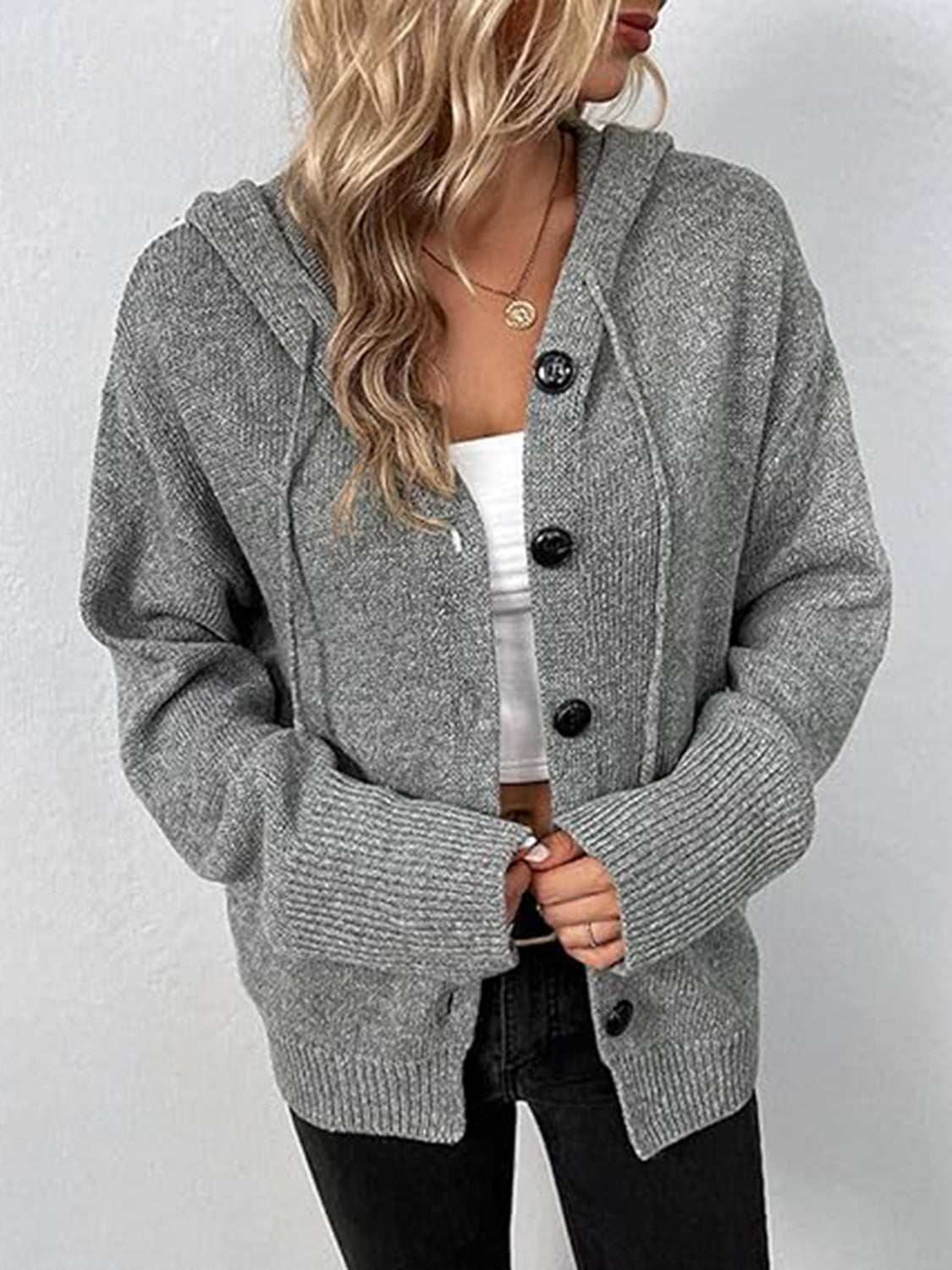 Button Up Drawstring Long Sleeve Hooded Cardigan - Admiresty